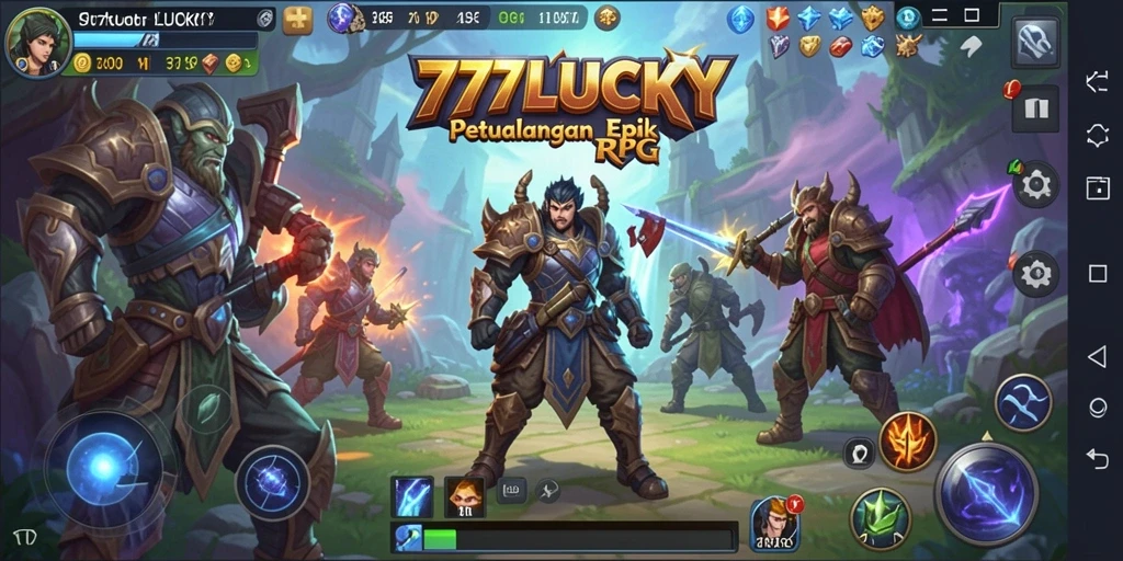 Tampilan screenshot utama 777LUCKY menampilkan karakter dalam pertempuran epik RPG.