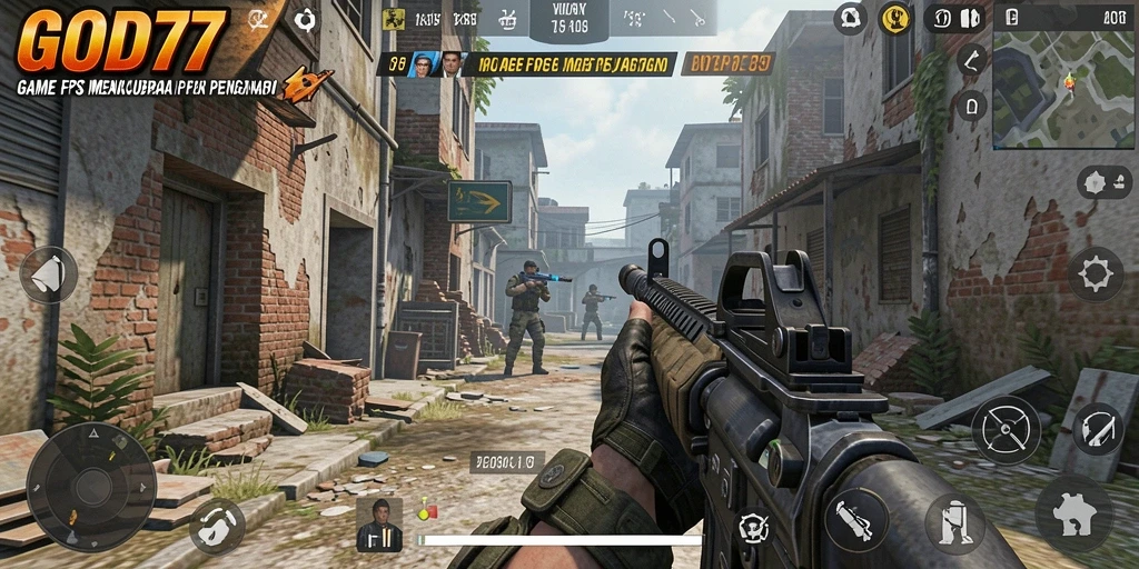 Screenshot gameplay GOD77 menampilkan aksi tembak-menembak yang mendebarkan.