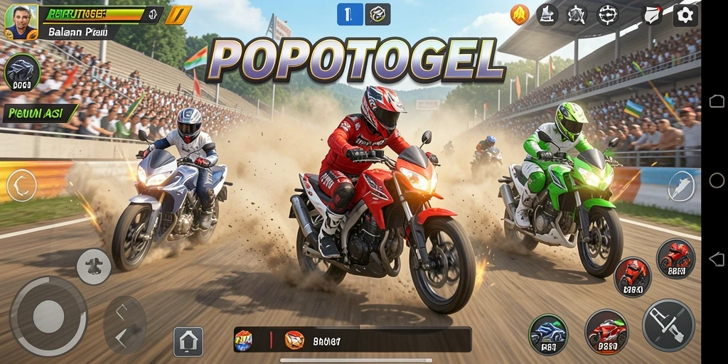 Screenshot utama menampilkan balapan motor yang seru dan intens.