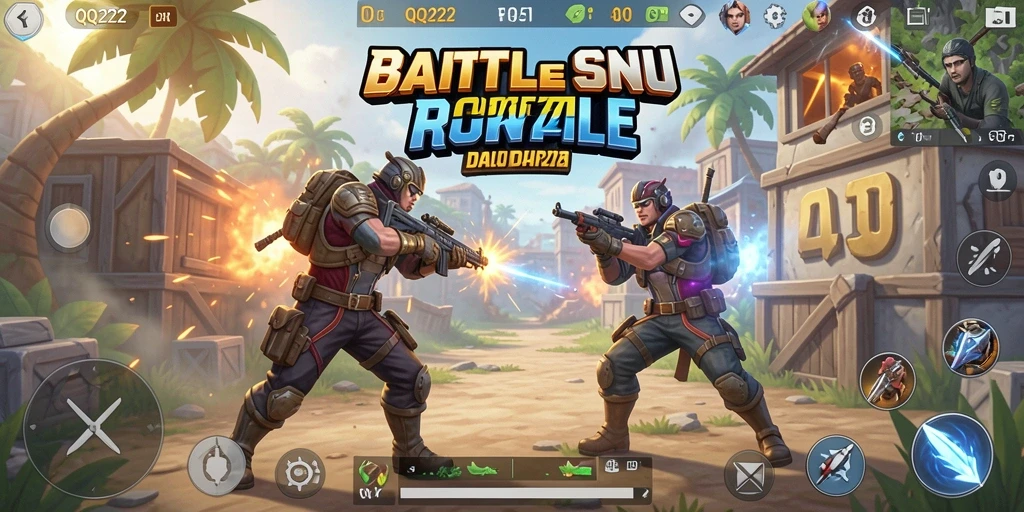 Screenshot gameplay QQ222 menunjukkan aksi seru dalam pertempuran Battle Royale.